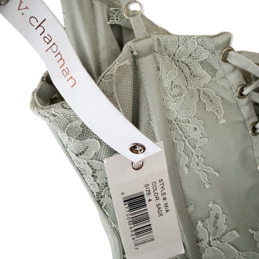 V. Chapman Mia Dress Sage Lace Tiered Midi Dress corset bustier Green Revolve 4 - Picture 7 of 10